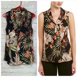 Tahari ASL Womens Petite Printed Sailor-Tie Top Tropical Black Sleeveless Blouse